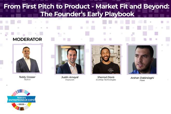 Image of panelists Justin Amoyal, Impruvon Health; Sherrod Davis, EcoMap Technologies; Arshan Dabirsiaghi, Pixee; and moderator Teddy Gresser, TEDCO